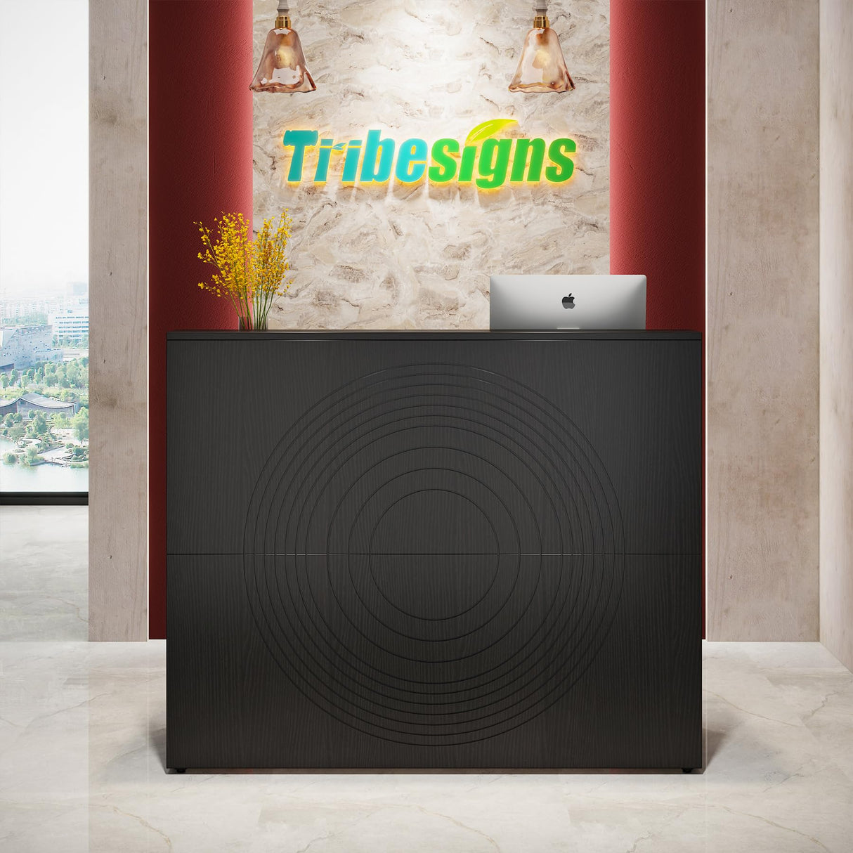 Tribesigns Reception Desk with Counter, Modern Front Desk Reception Room Table with Cable Grommet, 47 inch Retail Counter for Checkout, Lobby, Beauty Salon, Home Office Desk, Black Tribesigns