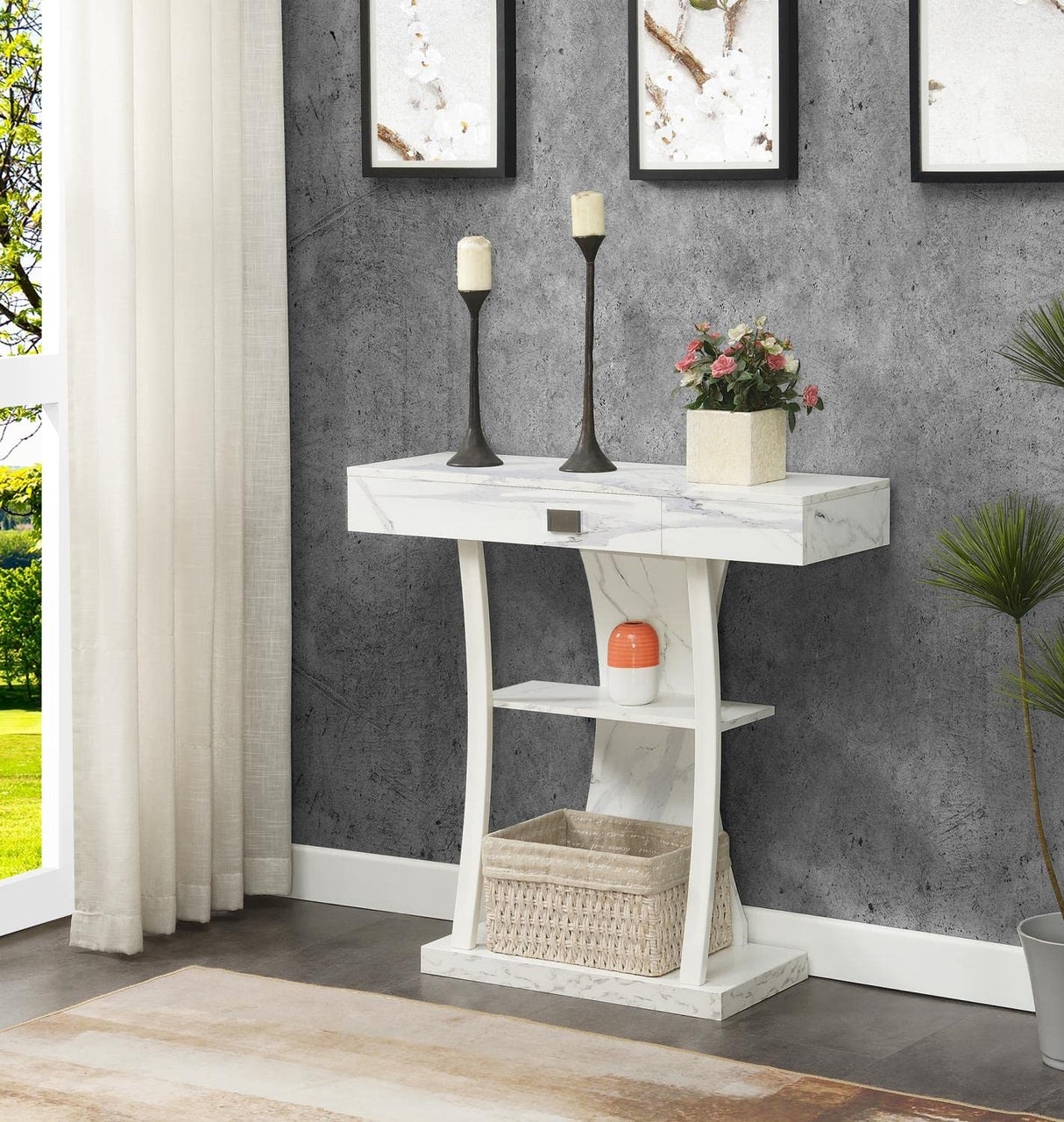 Convenience Concepts Newport Console Table with Shelves, White Faux Marble/White Convenience Concepts