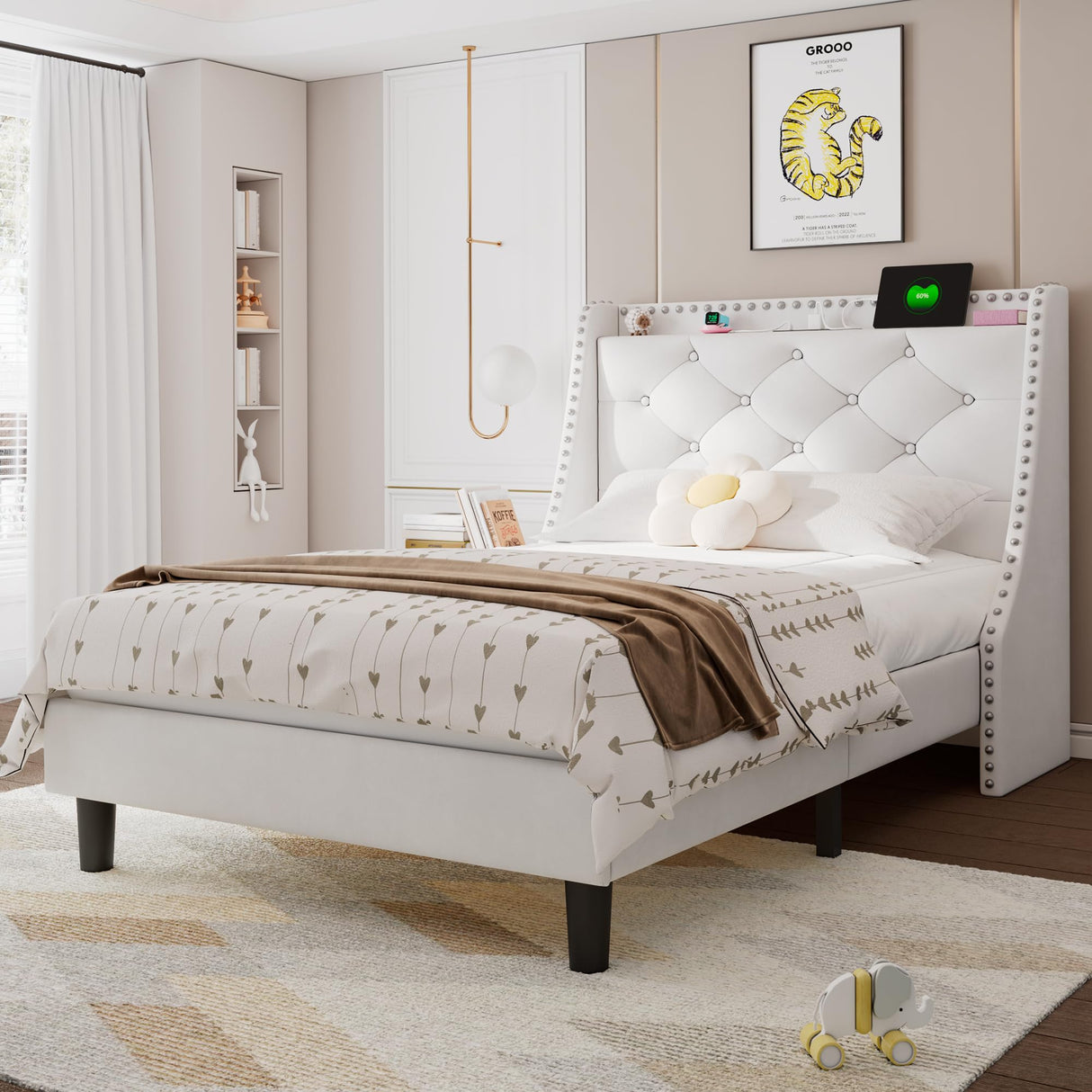 Feonase Velvet Twin Bed Frames with Luxury Wingback and Fast Charging Station,Twin Size Upholstered Button Tufted Storage Headboard Platform Bed,Wooden Slats Support,Noise-Free,Easy Assembly,White Feonase