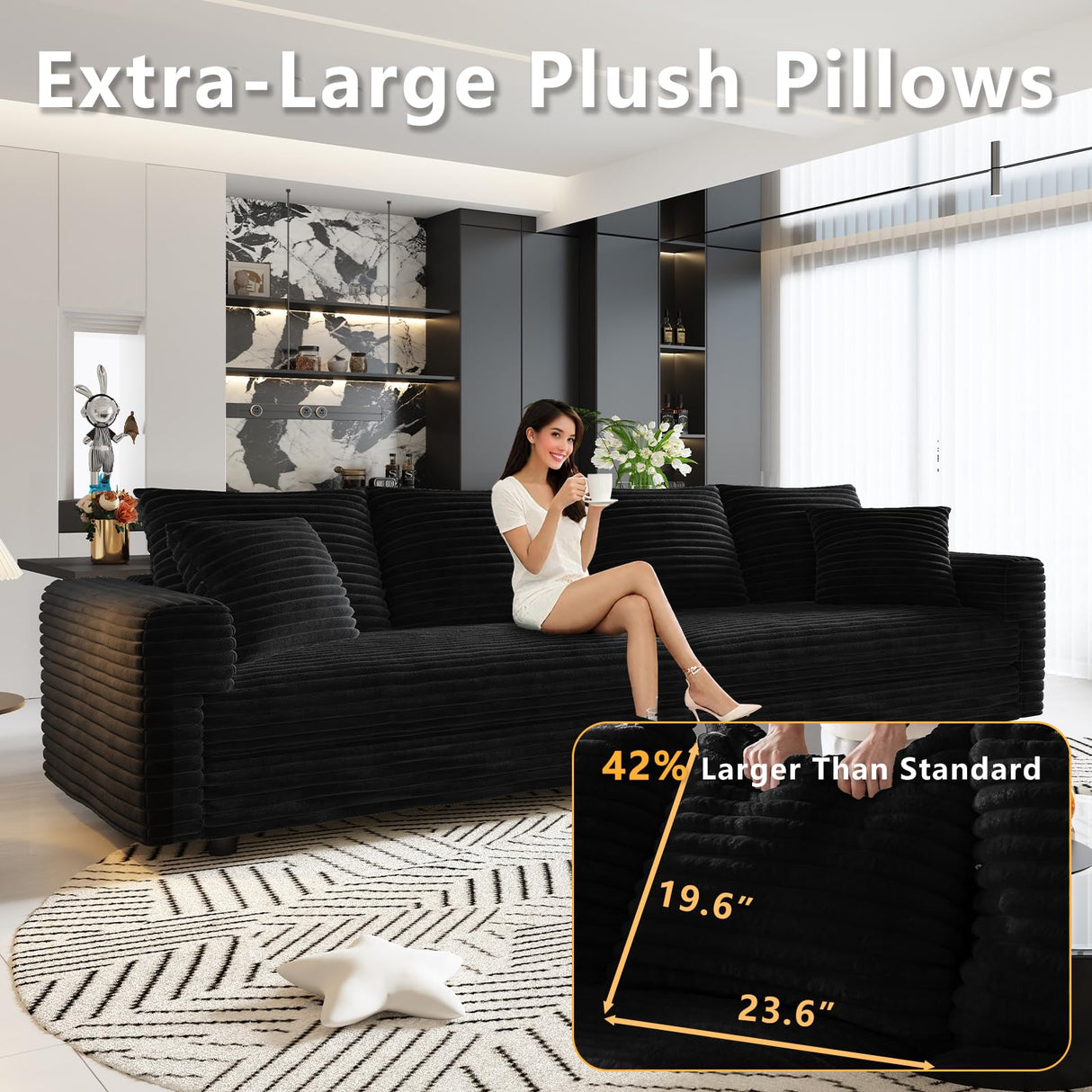 Tabaray 102.4" Oversized Cloud Couch, Convertible 4 Deep Seat Foam Sofa Couch, 2 in 1 Plush Corduroy Sofa with 6 Soft Pillows, Modern Modular Sectional Couches for Living Room, Apartment, Black Tabaray