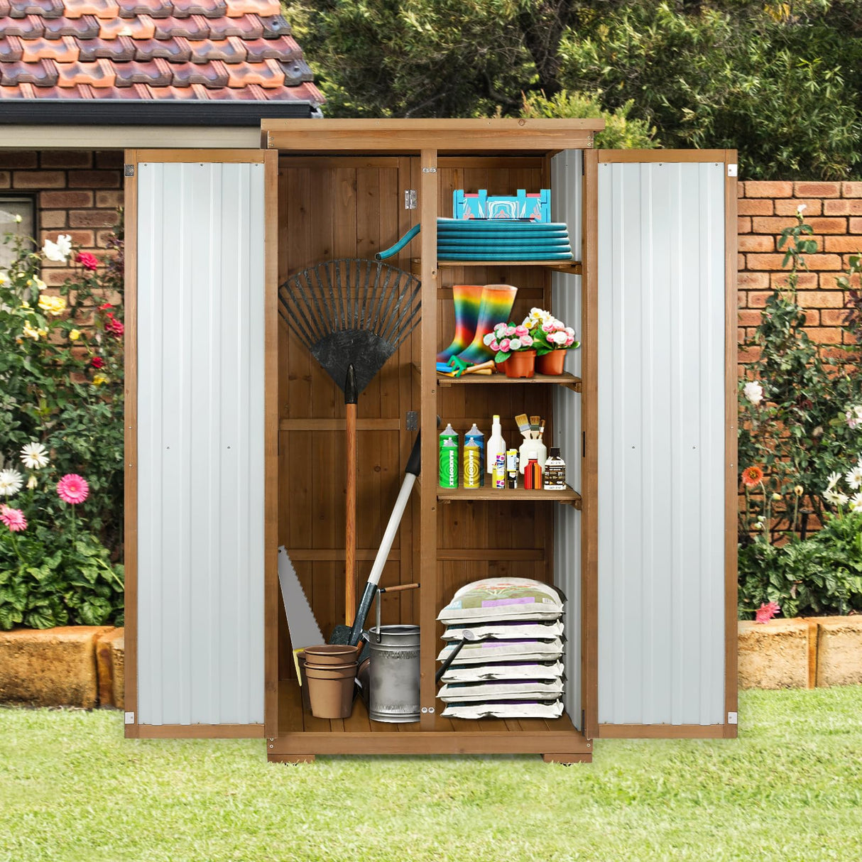 Outdoor Storage Cabinet Wood & Metal with Waterproof Roof, Garden Tool Shed with 3 Removable Shelves, 4 adjustable reinforced feet with metal brackets, 6 T-Hinge, magnetic door,15.6"D x 32.3"W x 66"H Gowoodhut