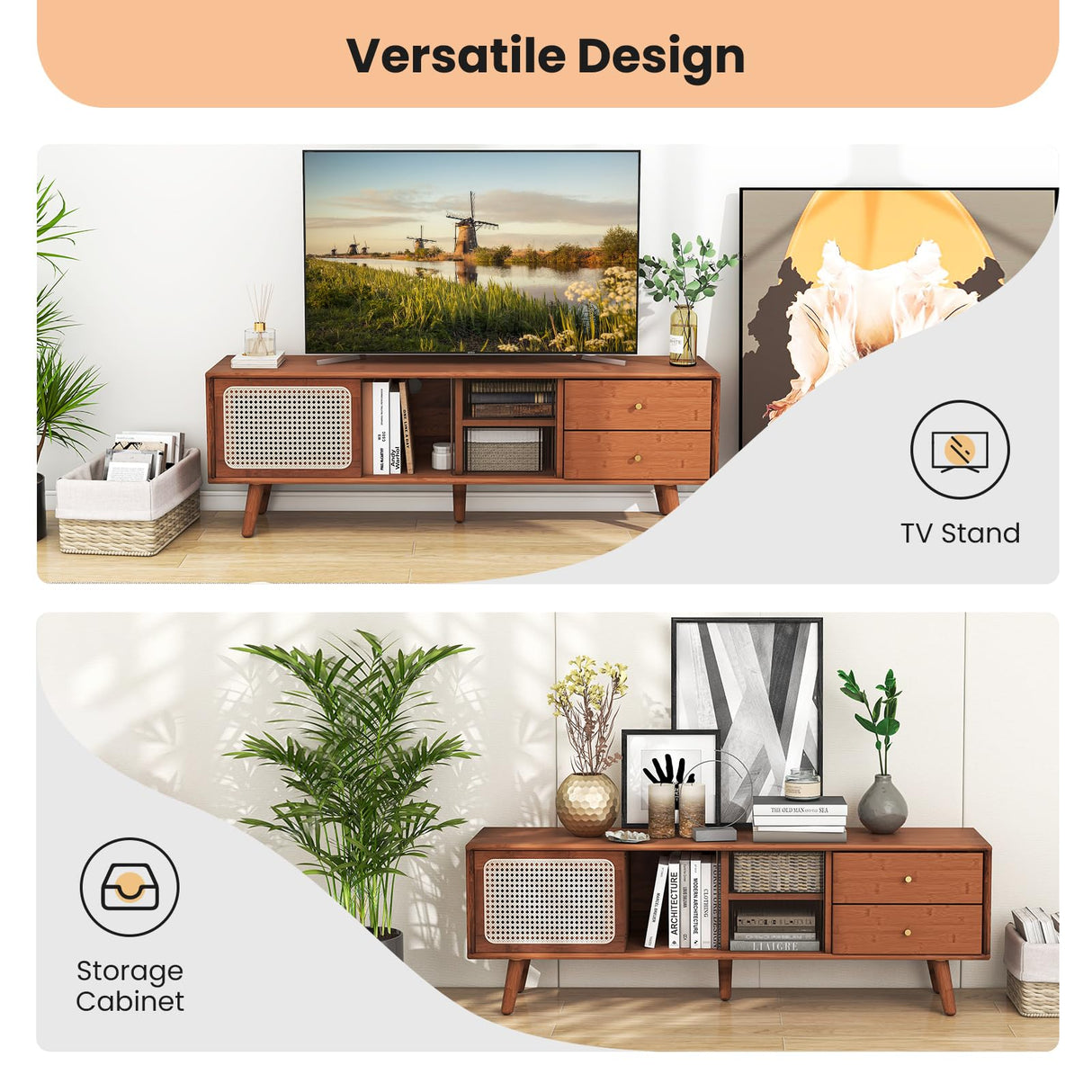 Giantex Bamboo TV Stand for TVs up to 65”, PE Rattan Media Console with Sliding Doors, Drawers & Open Shelves, 5 Solid Wood Legs, 2 Cable Holes, Entertainment Center for Living Room, Bedroom, Walnut Giantex