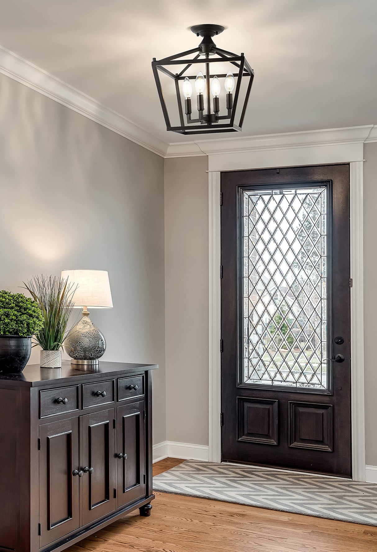 JONATHAN Y JYL7610A Plains Mini Lantern 12" 4-Light Iron Modern Farmhouse LED Flush Mount, Rustic, Industrial, Dimmable, 2700K Cozy Warm Light Kitchen, Hallway, Bathroom, Stairwell, Oil Rubbed Bronze JONATHAN Y