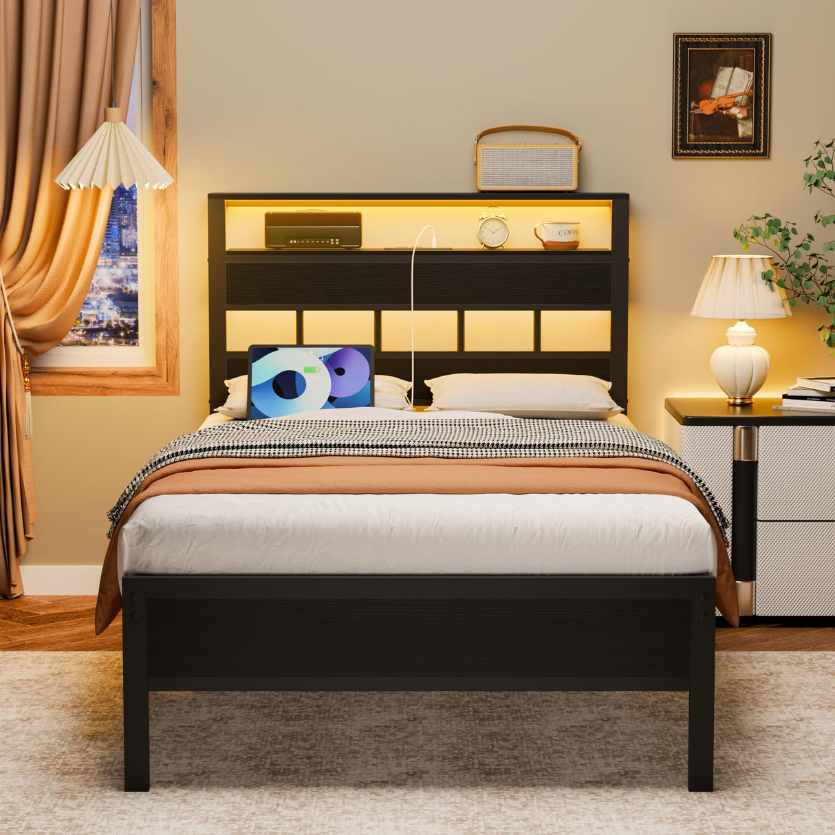 Furnulem Twin Bed Frames with Charging Station and LED Lights, Twin Size Platform Bed with Metal Slats, Wood Headboard with 2-Tier Storage Shelves, No Box Spring Needed, Black Oak Furnulem