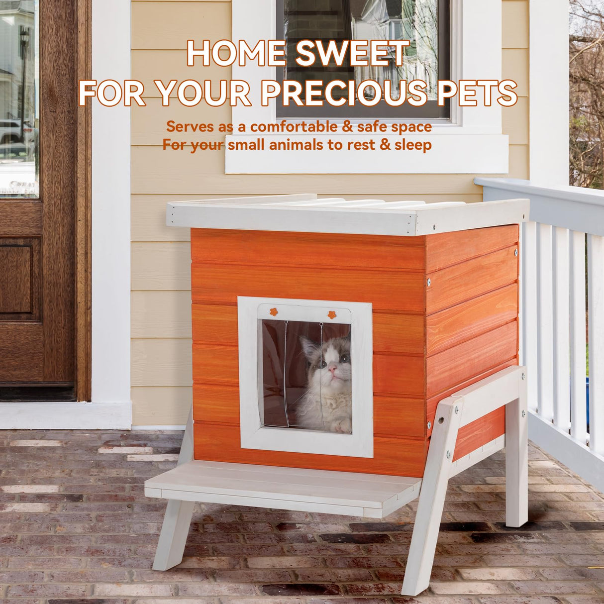 Petsfit Cat House Outdoor, Insulated High Feet + Feeding Station +Door Curtain, Wood Outside Cat House, Bunny Rabbit Hutch Orange Petsfit