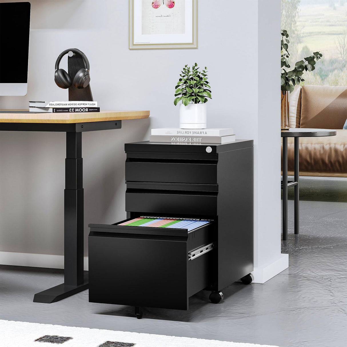 STANI 3 Drawer Mobile File Cabinet with Lock Under Desk Metal Filing Cabinet Locking Office Mobile Cabinet with Wheels Under Desk Office Drawers Rolling Mobile File Cabinet Assembly Required Black STANI