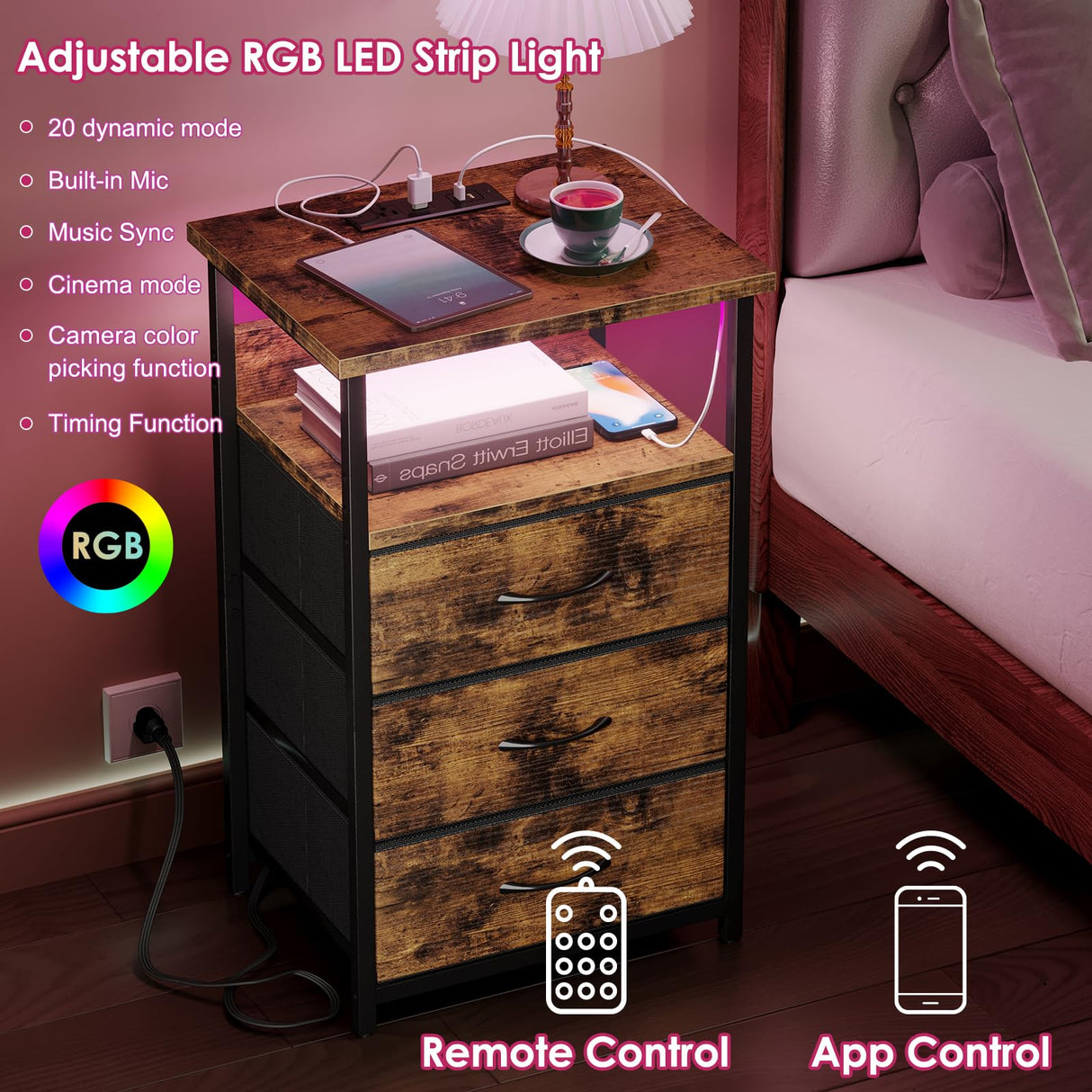 Fixwal Night Stand with Charging Station, LED Nightstand with Fabric Drawers, End Table with PU Finish, Bed Side Table, Rustic Brown Fixwal