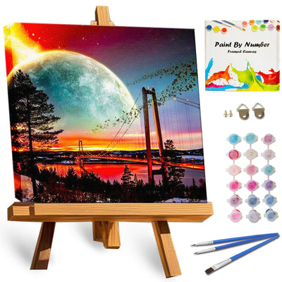 TOCARE Framed Paint by Numbers Kit for Adults Beginners, Bridge Paint by Number with Frame, Sunset Paint by Number Framed Canvas (10x10 Inch, Without Easel)