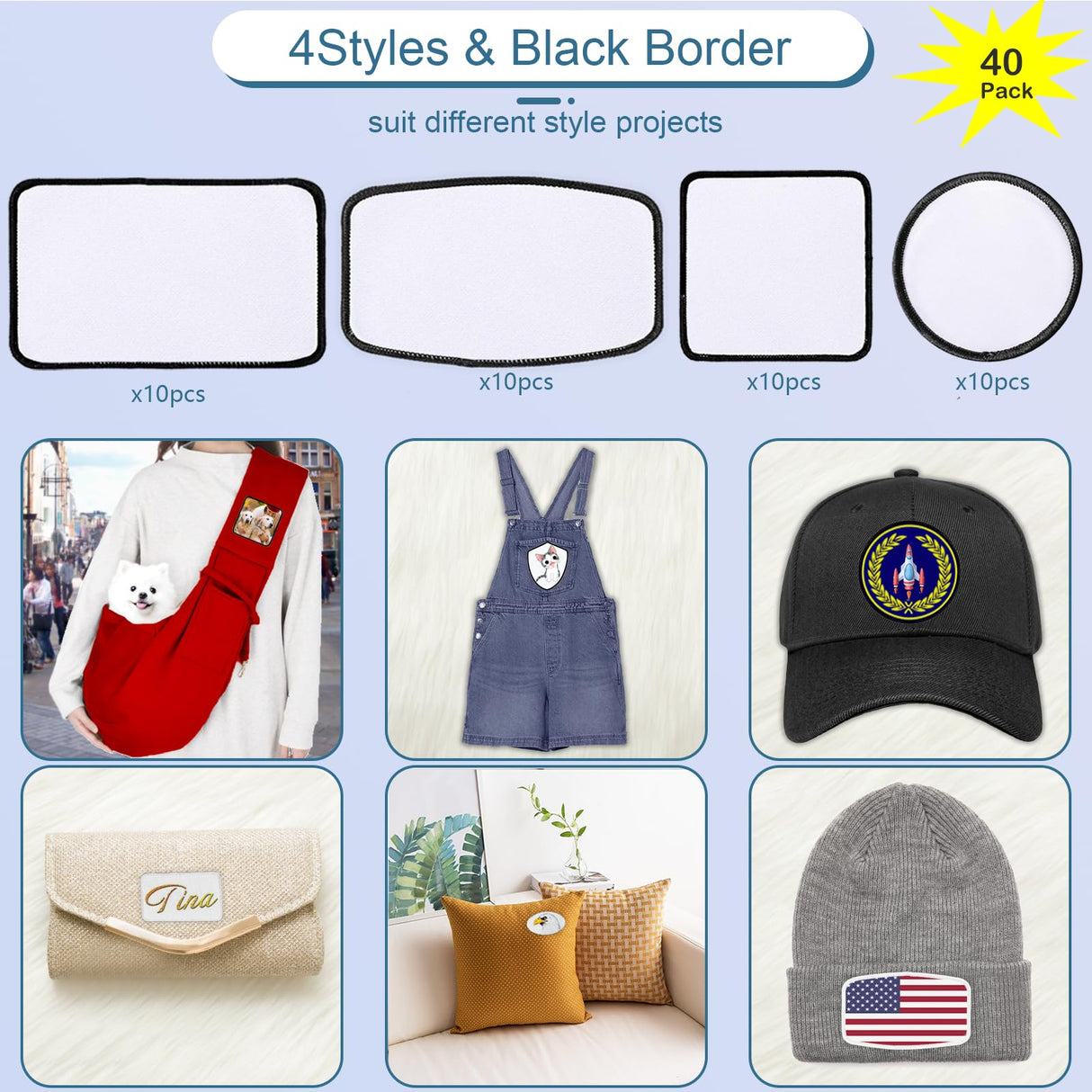 iFForce 40 PCs Sublimation Blanks Patches - Large Iron-on Patch with Black Border - Exquisite Fabric Patches for DIY Hats Backpack T-Shirt Project (Mixed) iFForce