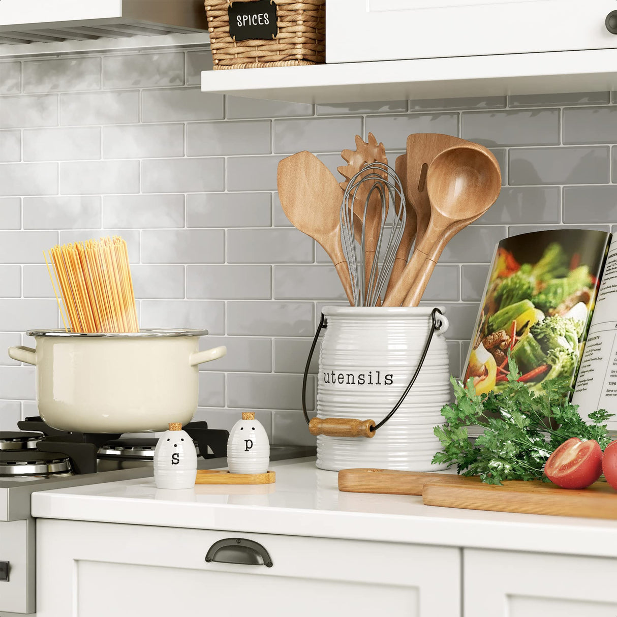 Barnyard Designs Ceramic Farmhouse Kitchen Utensil Holder for Countertop, Decorative Large Kitchen Utensil Holder for Kitchen Counter, Utensil Crock Spatula Holder, 6" White Barnyard Designs