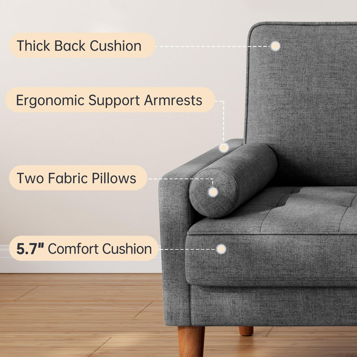 Viihousiom 48" Sofa Loveseat, Mid Century Couch for Small Spaces, Bedroom and Living Room, Removable Cover Spring Cushions, Solid Wood Frame, Easy to Install, Grey Viihousiom