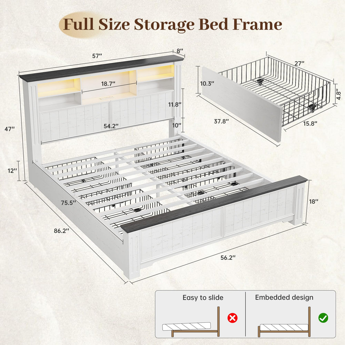 EnHomee Full Size Bed Frame with Headboard, Full Bed Frame with 4 Drawers Charging Port & LED, Farmhouse Bed Full Built in Charging Station,No Box Spring Needed,NO Noise,White with Grain Marks EnHomee