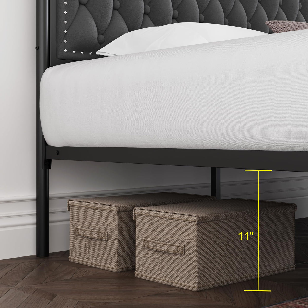 Keyluv King Upholstered Canopy Bed Frame with 3 Drawers and Button Tufted Headboard Metal Platform Bed with 4 Removable Posts Two-Purpose Velvet Bed No Box Spring Needed Dark Grey/Curtain Not Included Keyluv