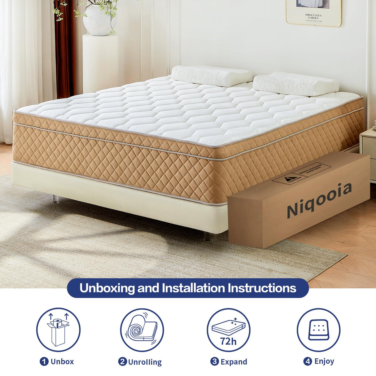 Niqooia Queen Size Mattresses, 12 Inch Hybrid Mattress in a Box, Memory Foam and Individual Pocket Springs, Soft and Breathable, Fiberglass Free, CertiPUR-US Certified, Cooling Queen Mattresses Niqooia
