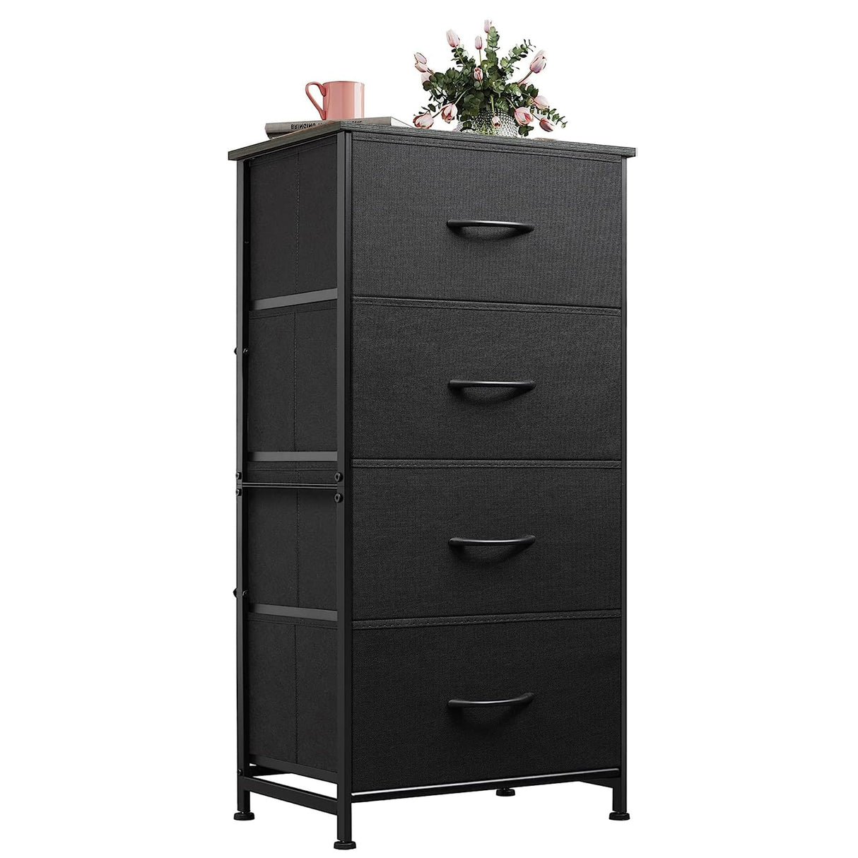 WLIVE Dresser with 4 Drawers, Fabric Storage Tower, Organizer Unit for Bedroom, Hallway, Entryway, Closets, Sturdy Steel Frame, Wood Top, Easy Pull Handle, Charcoal Black WLIVE