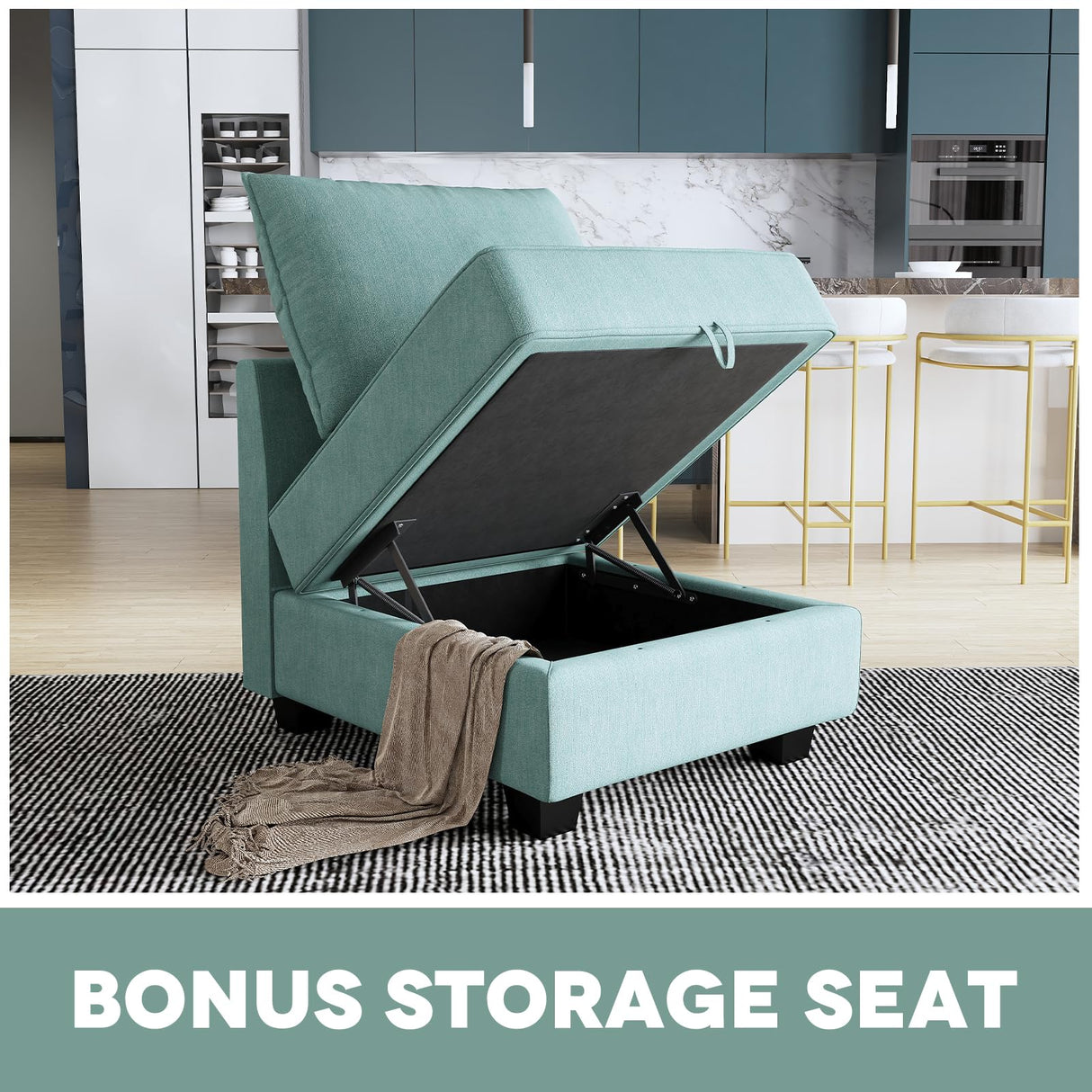 HONBAY Reversible Sectional Sofa with Ottomans & Chaises Modular Sofa U Shaped Couch with Storage Seats, Aqua Blue HONBAY