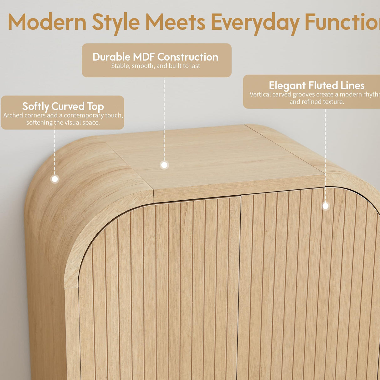 LEVNARY Arched Armoire Wardrobe Closet, Mid-Century Modern 2-Door Freestanding Wardrobe with Hanging Rod and 2 Drawers, Fluted Carved Clothing Storage Cabinet for Bedroom (Natural) LEVNARY