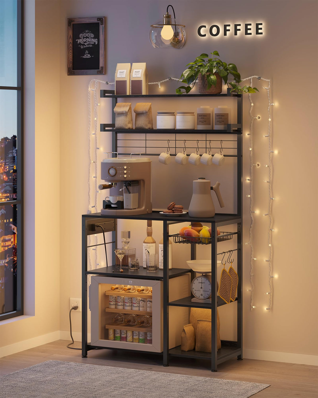 VASAGLE Bakers Rack with Power Outlet, 35.4 Inches Microwave Stand, Coffee Bar, 4 AC Outlets, with Adjustable Shelves, 8 S-Hooks, Basket, Spice Racks, Charcoal Gray and Ink Black UKKS031B22 VASAGLE