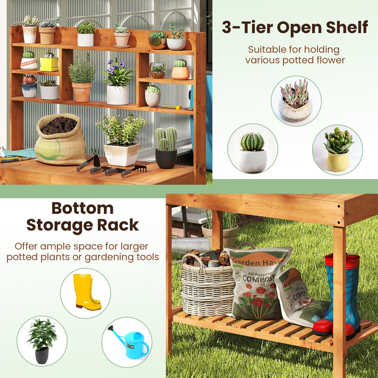 Happygrill Wooden Potting Bench Table, 61" Garden Planting Workstation w/ 3-Tier Open Shelf, Flip-up Tabletop, Bottom Storage Rack, Indoor Outdoor Flower Pot Bench for Backyard, Balcony, Lawn HAPPYGRILL