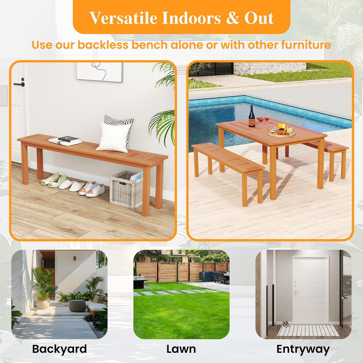 Tangkula Outdoor Wood Bench, 59” Long Patio Dining Bench Set of 2, Backless Wooden Bench with Teak Oil Finish & Slat Seat, Accent Entryway Bench, Farmhouse Bench for Yard, Garden, Porch, Indoors Tangkula