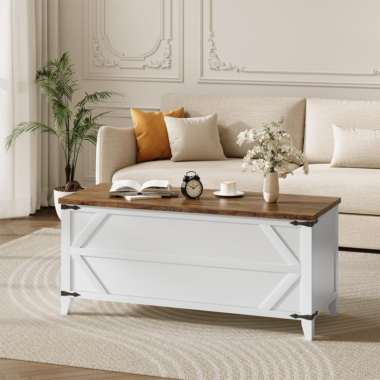 HOOBRO 47.2" Toy Box, Storage Chest with Safety Hinges, Toy Chest Storage, Wooden Storage Bench for Bedroom, Living Room, White and Walnut WH16CW01 HOOBRO