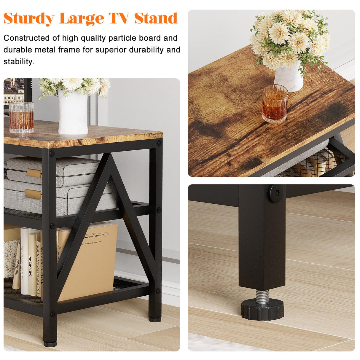 Katrawu TV Stand for TV up to 70 Inch, Long 63" TV Cabinet with 3-Tier Storage Shelves,Entertainment Center TV Console Table for Living Room with Industrial TV Metal Frame, Rustic Brown Katrawu