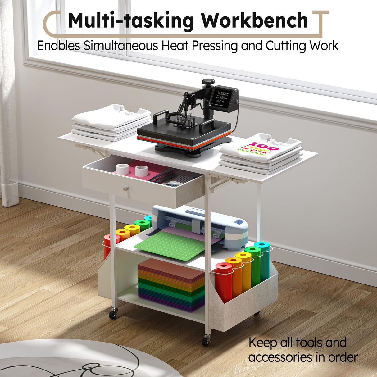 𝐂𝐫𝐚𝐟𝐢𝐭 Foldable Heat Press Table—Hold 36 Vinyl Rolls, Movable Heat Press Stand Cart with Storage Bag, Collapsible Heavy Duty Workbench for Sublimation, T-Shirts and Caps Heat Transfer Project Crafit