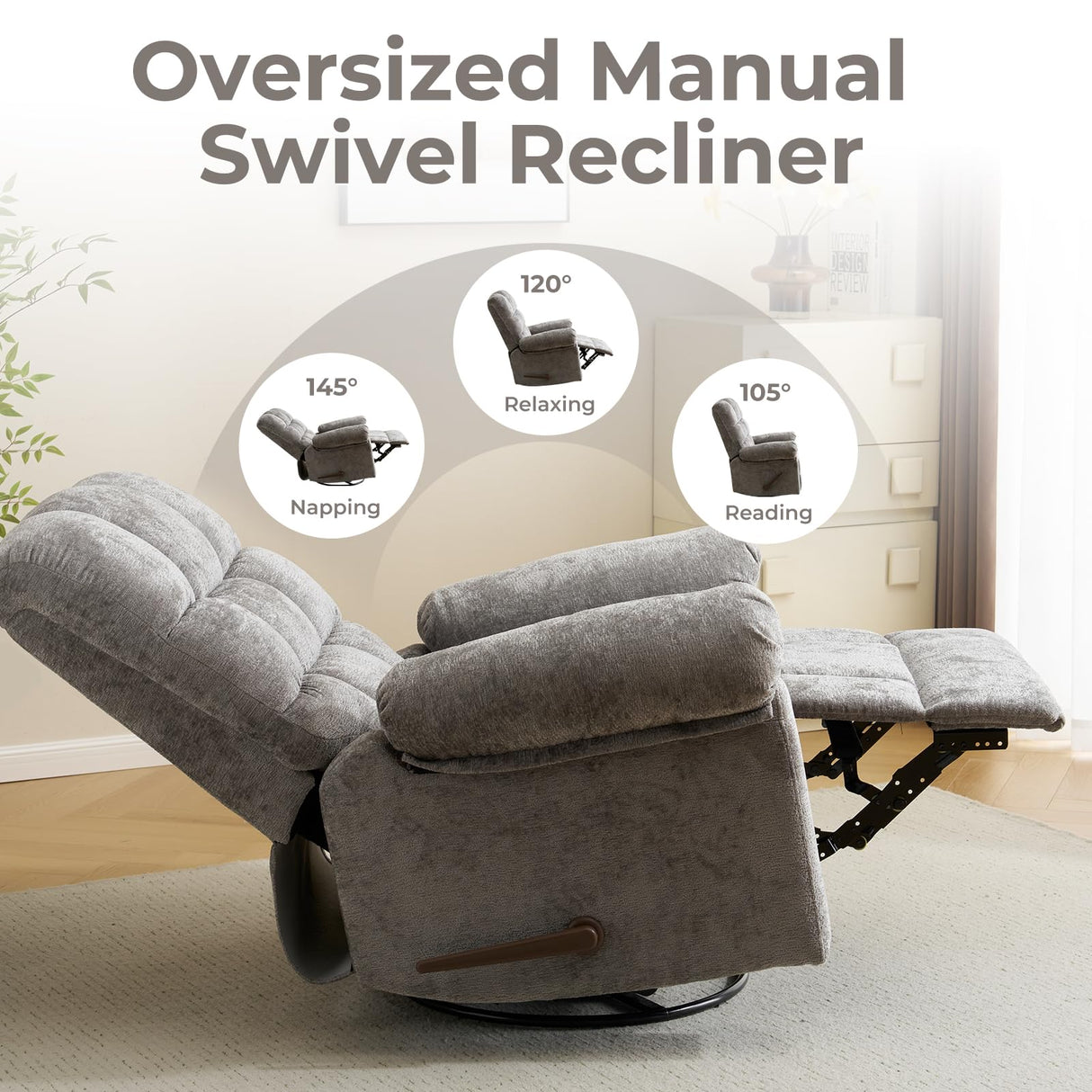 Rhevoy Swivel Rocker Recliner Chair with Heat and Massage, 26" Wide Oversized Rocker Recliner with Overstuffed Backrest,Swivel Glider Recliner for Living Room,Grey Rhevoy