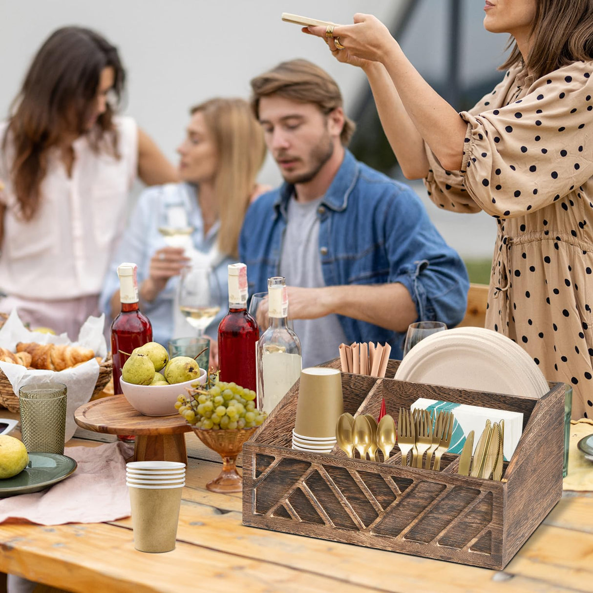 Paper Plate Dispenser, Paper Plate Holder for Kitchen Counter, Wood Rustic Silverware Utensil Caddy, Cutlery Flatware Organizer Box for Cups Spoons Forks Plates Napkins, Kitchen Accessories (Brown) Ukonvi