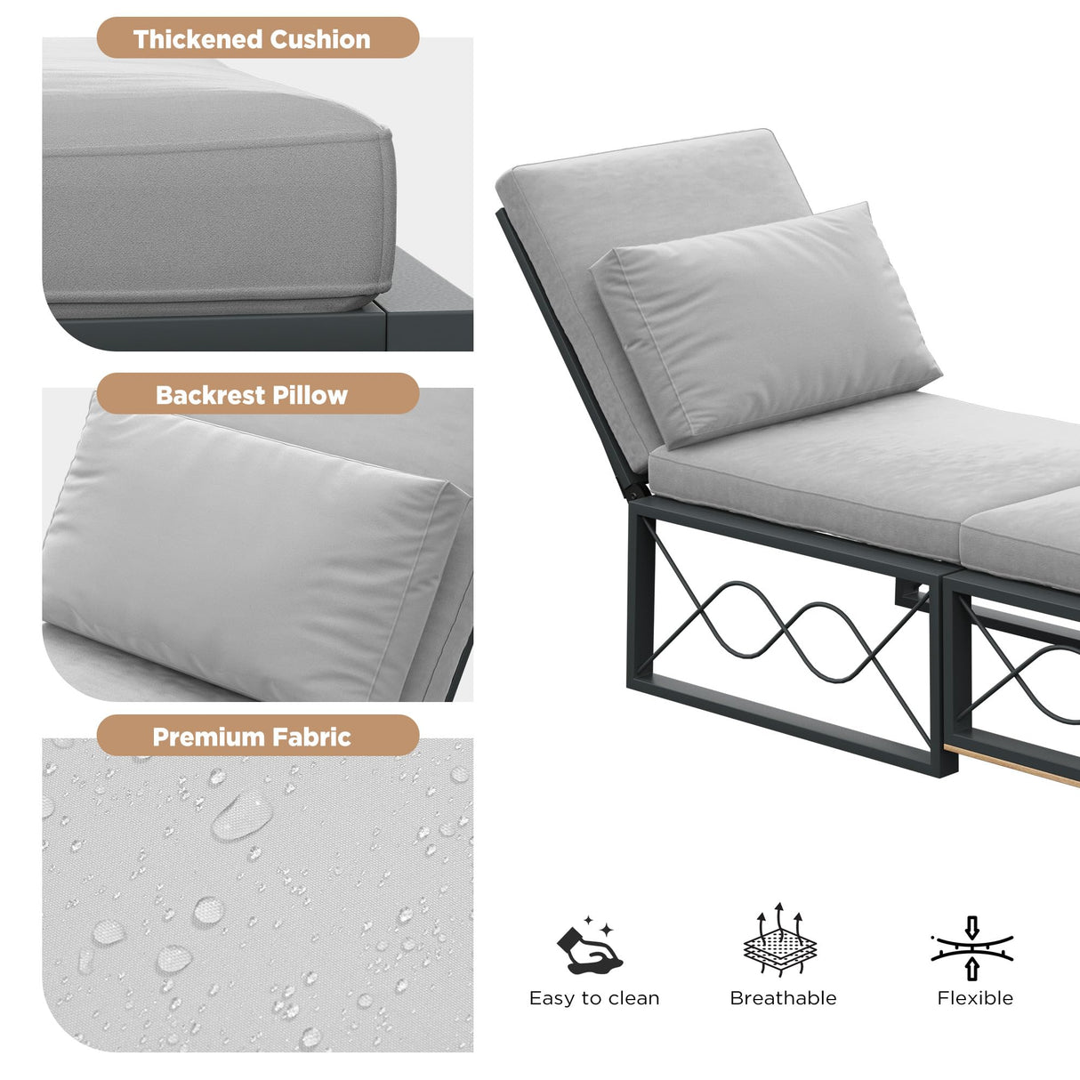 AECOJOY Outdoor Metal Chaise Lounge Chair, Convertible Patio Armchair with Cushions, Adjustable 5-Position Sun Recliner with Full Flat Tanning Function for Outside, Pool, 1 Pack AECOJOY