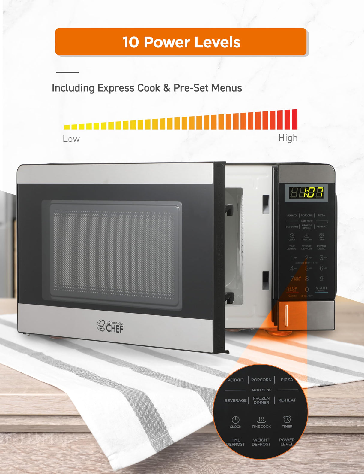COMMERCIAL CHEF 0.7 Cubic Foot Microwave with 10 Power Levels, Small Microwave with Push Button, 700W Countertop Microwave up to 99 Minute Timer and Digital Display, Stainless Steel Commercial CHEF