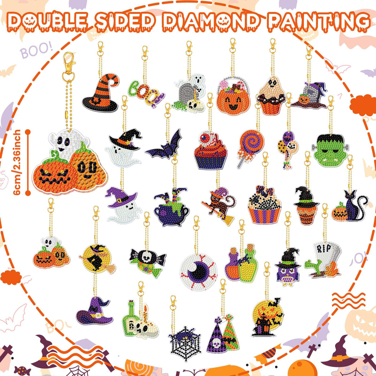 WILLBOND 30 Pcs Glow in Dark Halloween Diamond Art Keychain Ornaments DIY Double Sided Halloween Luminous Diamond Painting Keychain Kits for Adults Key Ring Art Pendant Tree Decor WILLBOND