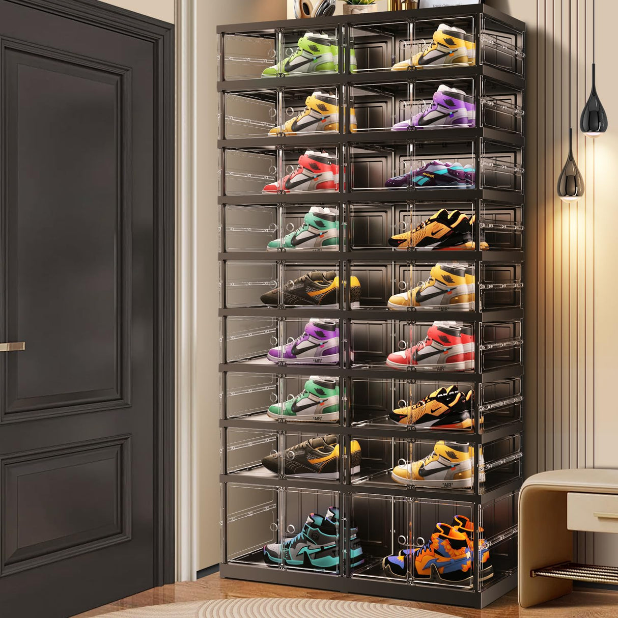 CIMLORD 9-Tier Foldable Shoe Rack for Closet Entryway 18-36Pairs,Stackable Clear Shoe Storage Boxes Organizer With Door Plastic Shoe Cabinet Bins with Lids Shoes Shelf Easy Assembly Large Black CIMLORD