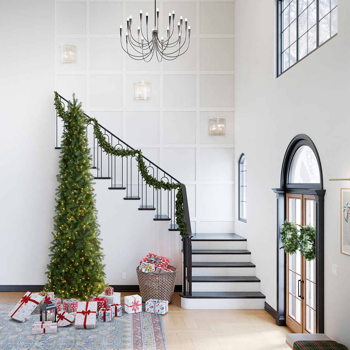 National Tree Company Pre-lit 'Feel Real' Artificial Giant Slim Downswept Christmas Tree, Green, Douglas Fir, Dual Color LED Lights, Includes PowerConnect and Stand, 12 feet National Tree Company