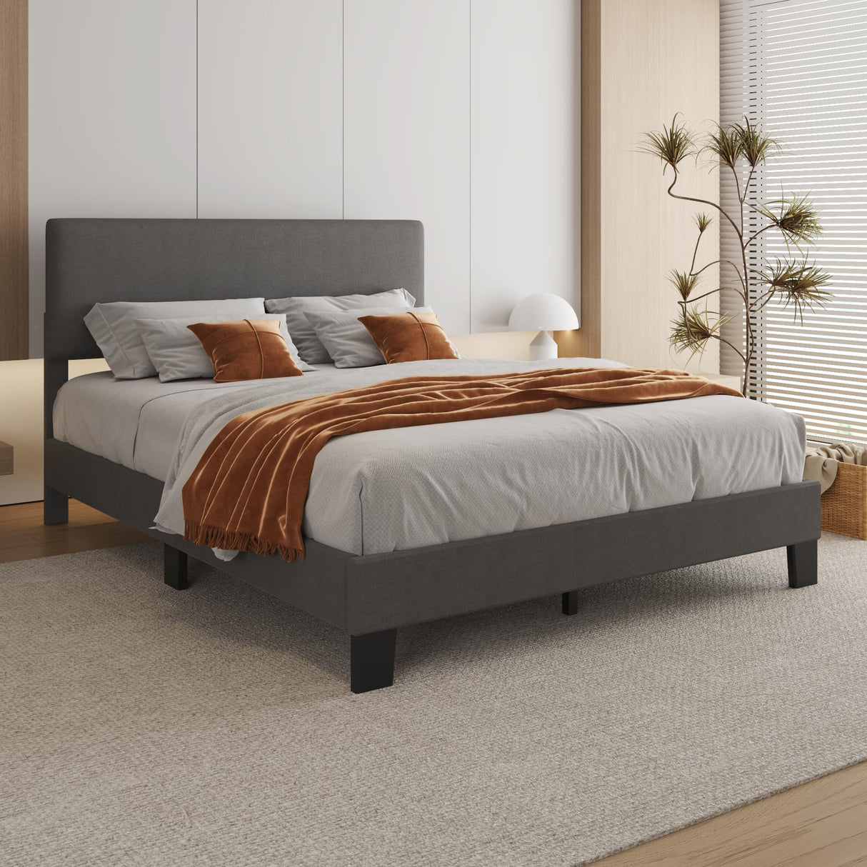 Lifezone Queen Bed Frame with Headboard,Linen Upholstered Bed Frame with Wood Slats Support,No Box Spring Needed,Heavy Duty Feet,Easy Assembly,Light Grey Lifezone