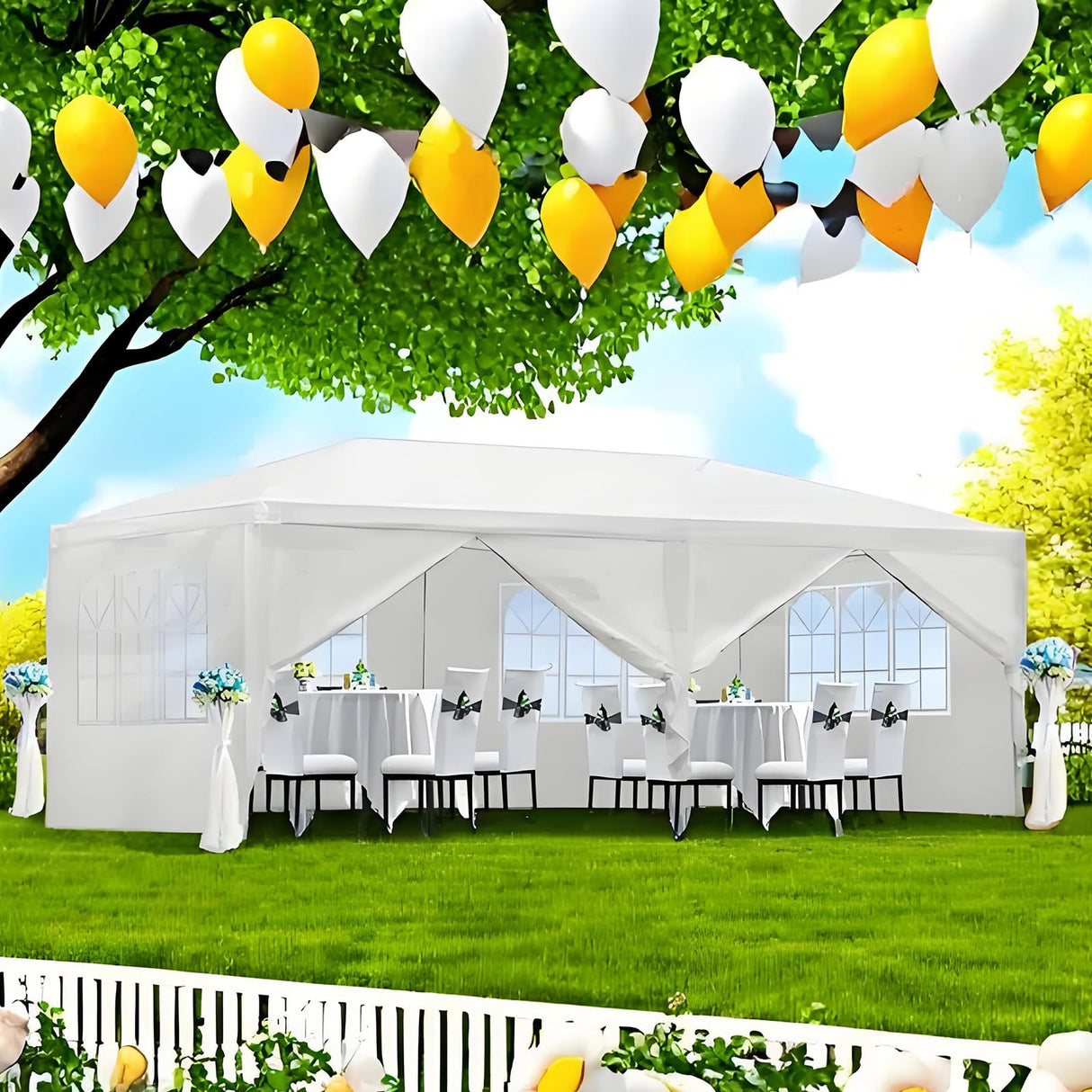 KUIKUI 10'x30' Party Tent with Sidewalls, Carpas para Fiestas 10x30, Tents for Parties with 8 Removable Sidewalls, White KUIKUI