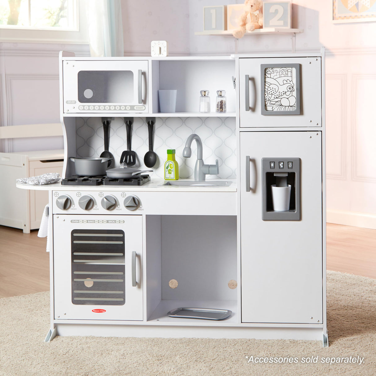 Melissa & Doug Wooden Chef's Pretend Play Toy Kitchen With Ice Cube Dispenser - Cloud White Kids Playset for Toddlers and Kids Ages 3+ Melissa & Doug