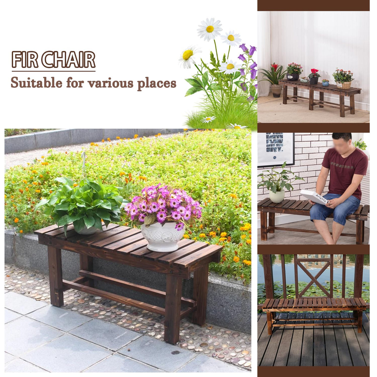 LSPYYDS Outdoor Garden Bench, 2-Person Wood Patio Bench Weatherproof Outdoor Backless Bench, Anti-Corrosion and Anti-Rust Garden Benches for Garden Lawn Porch Park Backyard 90x35x40cm LSPYYDS