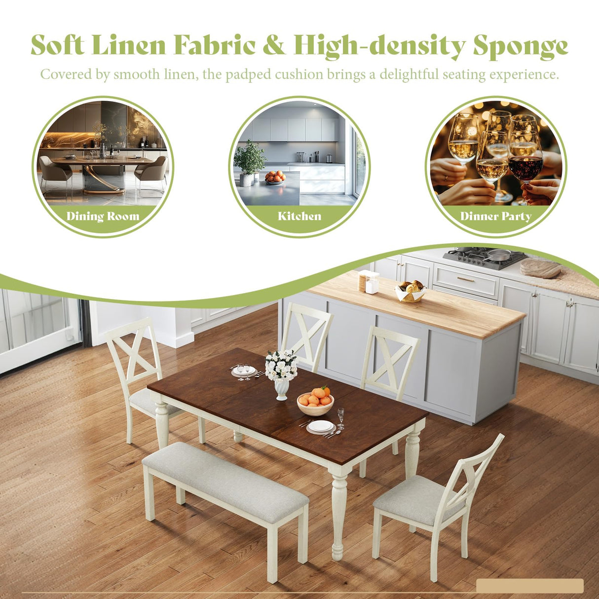 AMERLIFE 6-Piece Farmhouse Dining Table Set, 71” Solid Wood Table, 4 Upholstered Chairs and Bench, Rustic White and Walnut Finish, Seating for 6, for Kitchen or Dining Room AMERLIFE