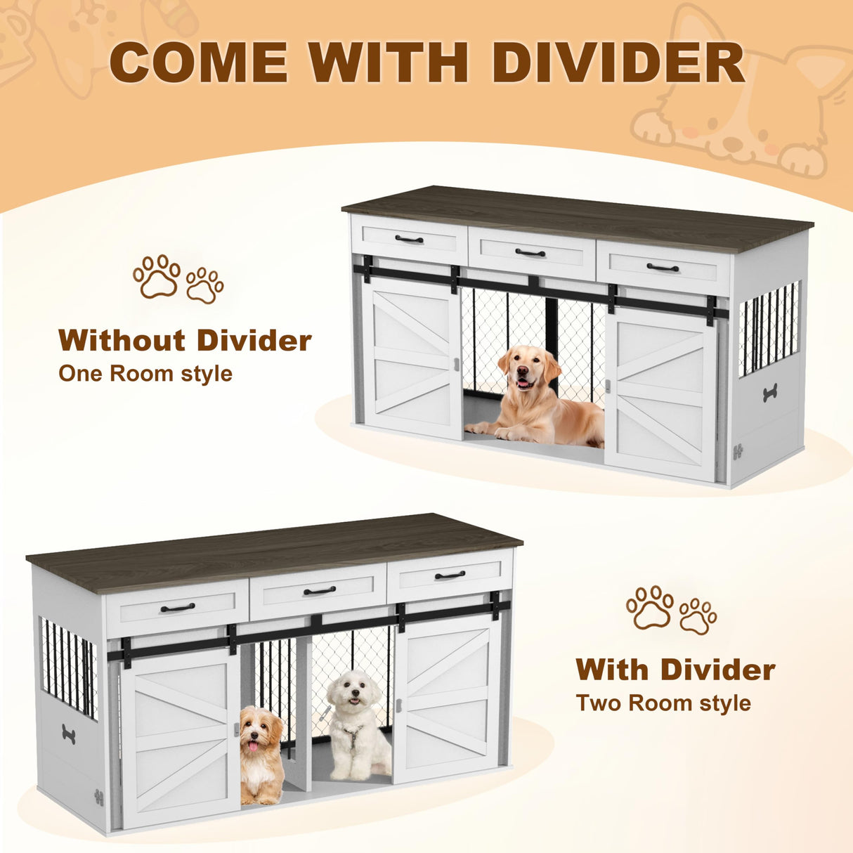 RQZ 65" Double Dog Crate Furniture for 2 Dogs Heavy Duty Wood Dog Cage Table with 3 Storage Drawers and 4 Stainless Steel Bowls Dog Kennel Indoor for Medium Large Dogs RQZ