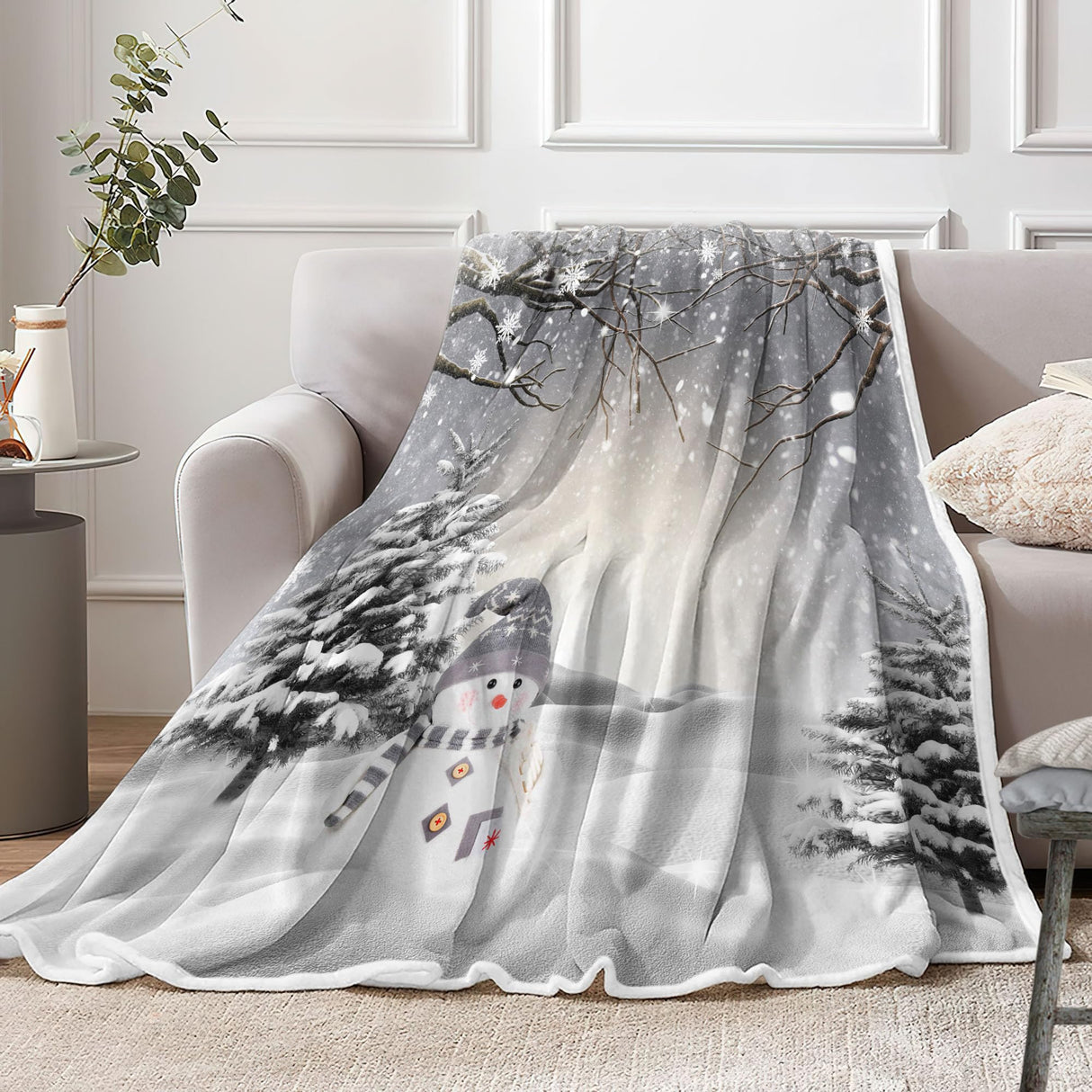 Christmas Throw Blanket, Winter Snowman Snowflake Christmas Fleece Blanket, Xmas Trees Soft Plush Warm Cabin Throw for Couch Sofa Bed Decor 50" x 60" JAWO