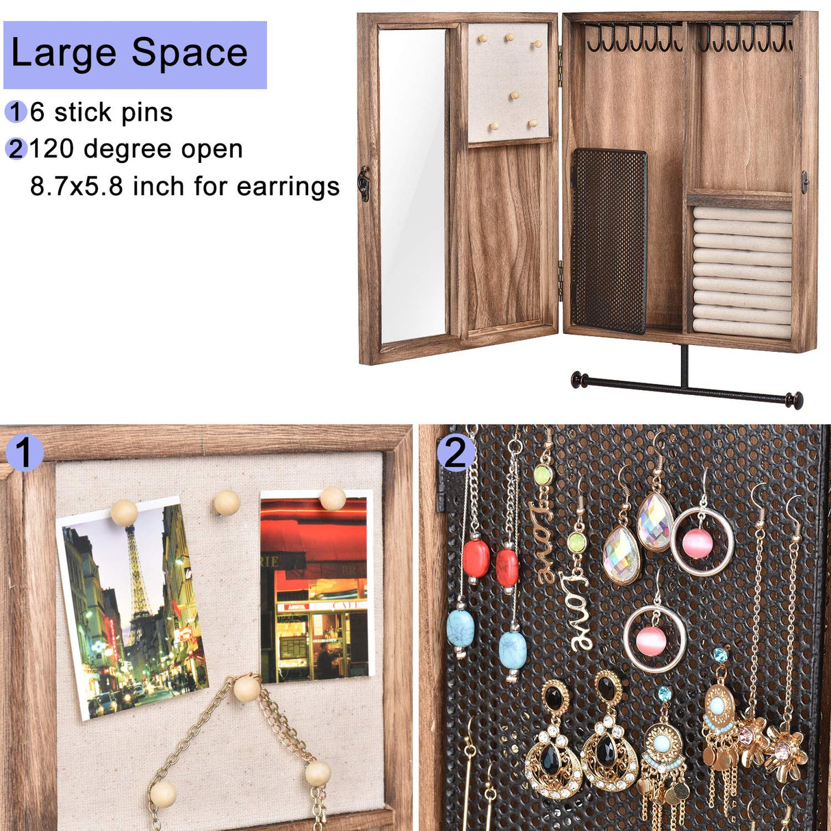 Keebofly Wall Mounted Jewelry Organizer Box Rustic Wood Large Space Jewelry Cabinet Holder Jewelry Storage Box for Necklaces, Earrings, Bracelets, Ring Holder, and Accessories (Carbonized Black) Keebofly