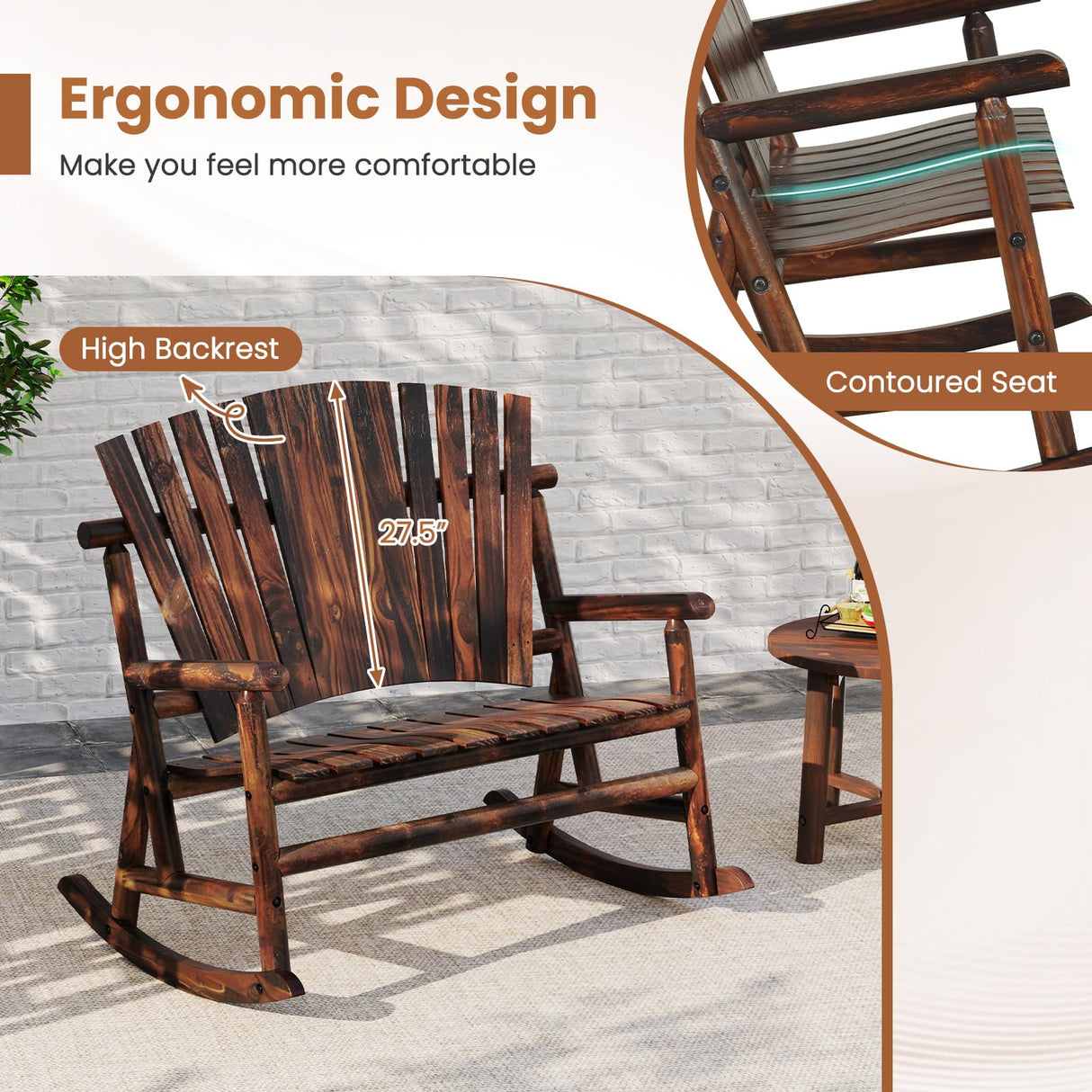 Tangkula 2-Person Wood Outdoor Rocking Chair, Outside Adirondack Rocker with High Back and Slatted Seat, Oversized Porch Rocking Chair for Balcony, Garden, Backyard, Patio Tangkula
