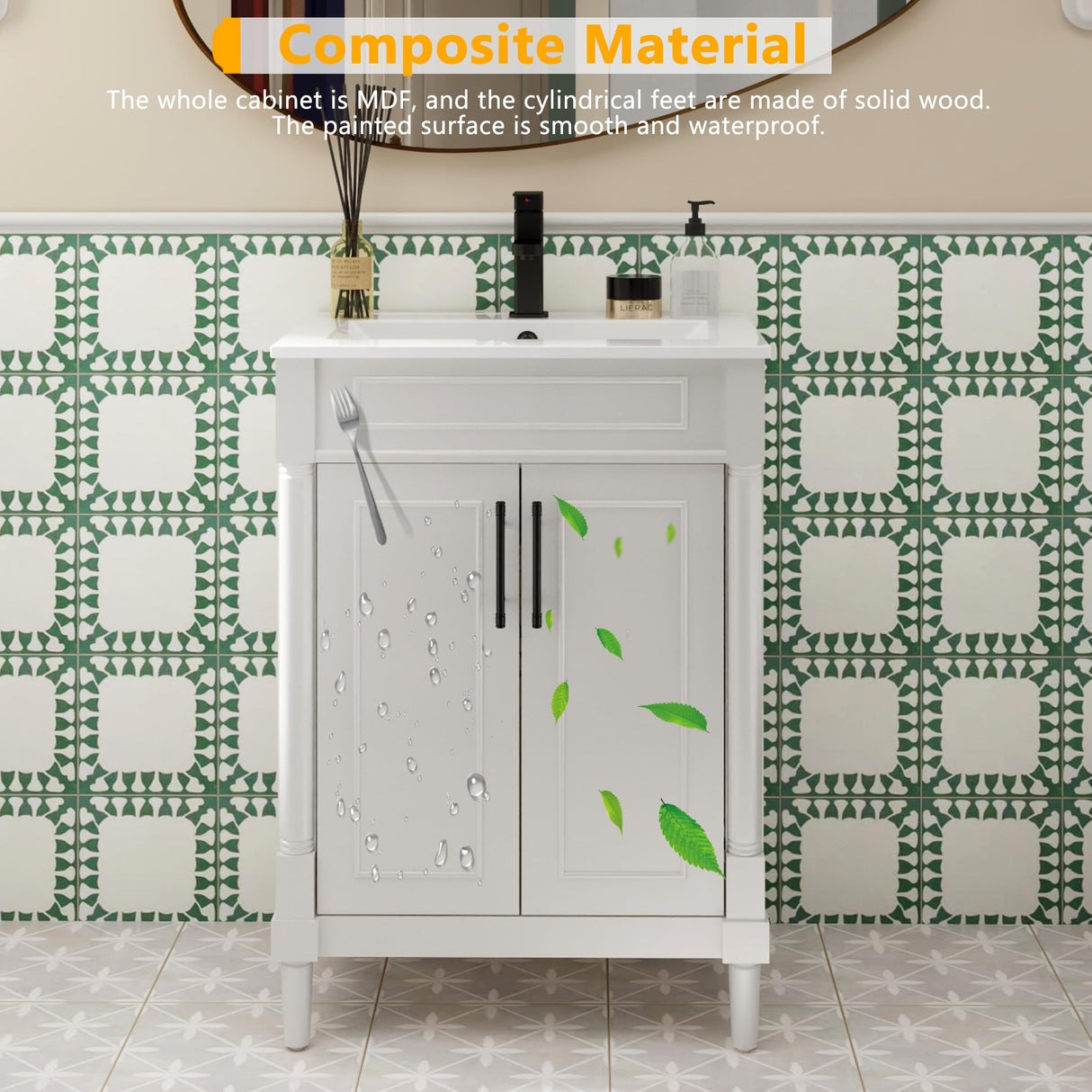 LUCKWIND 24" Bathroom Vanity with Sink Combo, Mid-Century Painted Bathroom Storage Cabinet with Cylindrical Feet, Undermount Sink and Vintage Handles, Mirror is NOT Included, White LUCKWIND