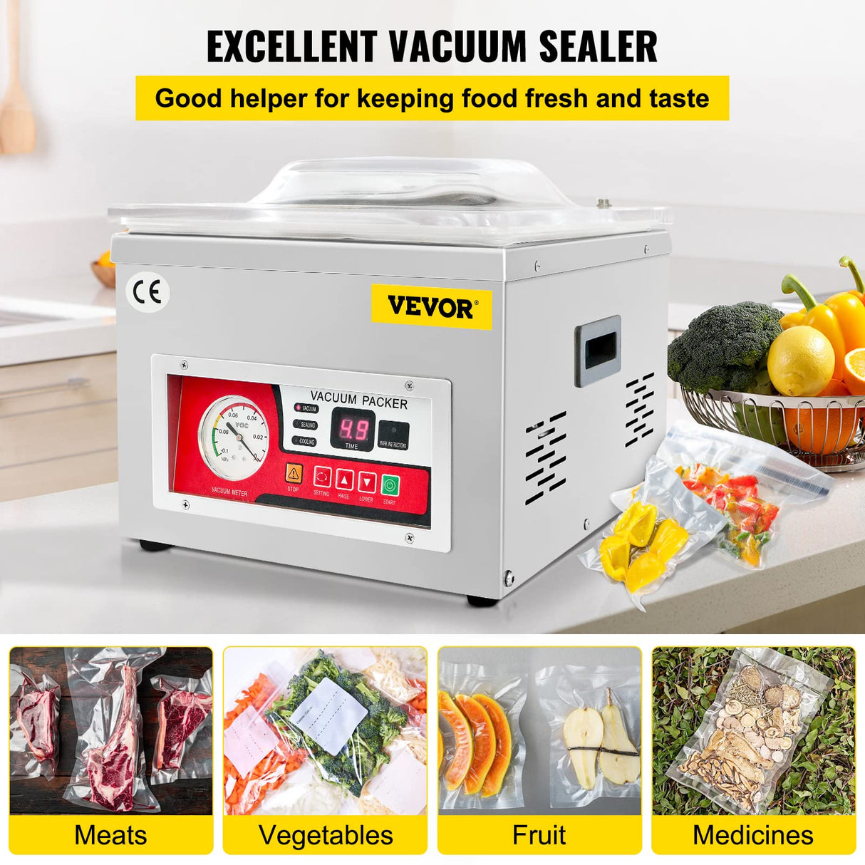 VEVOR Chamber Vacuum Sealer, DZ-260A 6.5 m³/h Pump Rate, Excellent Sealing Effect with Automatic Control, 110V Kitchen Packaging Machine for Fresh Meats, Fruit Saver, Home, Commercial Using VEVOR