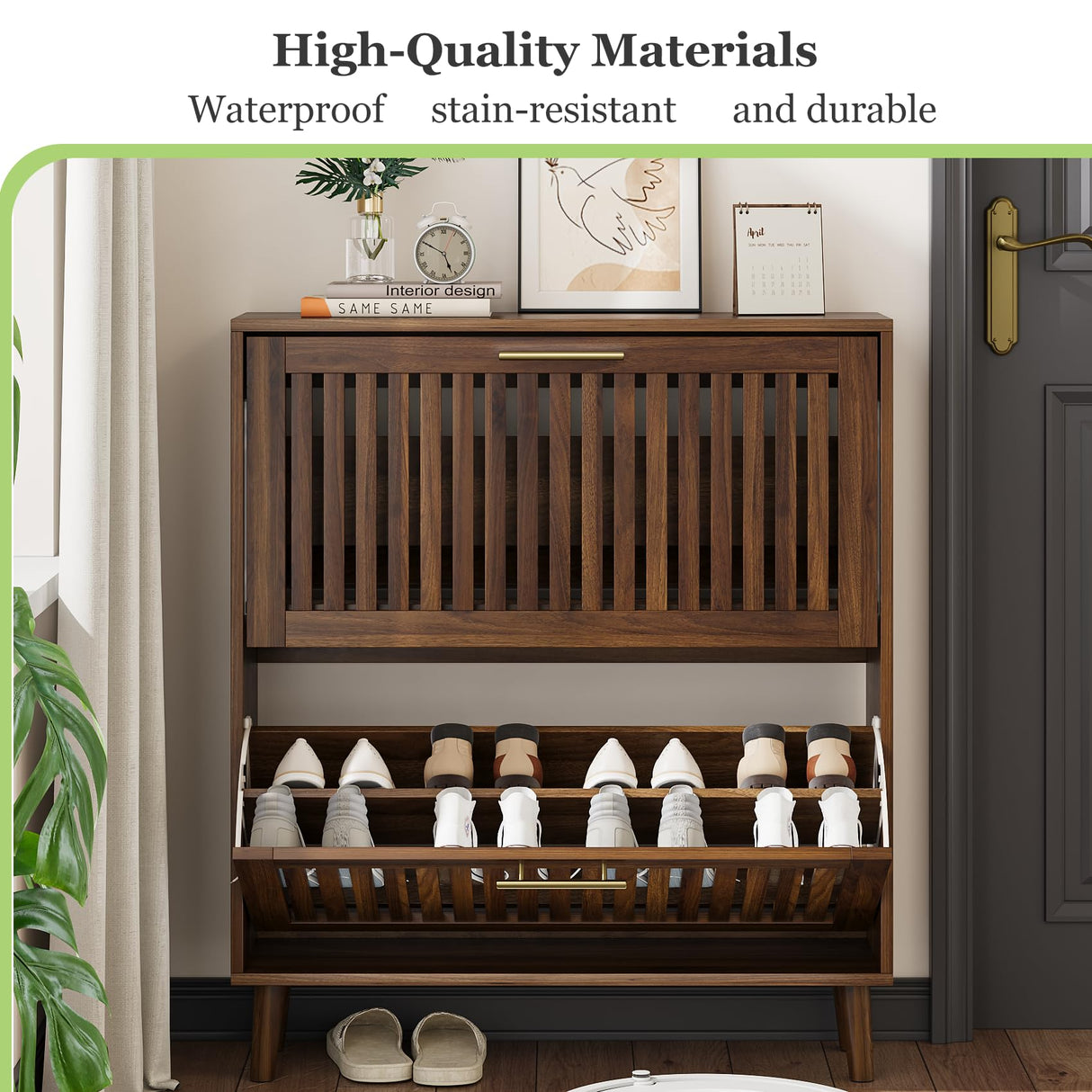 Shoe Cabinet, Shoe Storage Cabinet with Louvered 2 Flip Drawers, Narrow Shoe Cabinet Storage for Entryway, Freestanding Shoe Organizer Cabinet with Golden Handles, Slim Shoe Rack Cabinet (Walnut) Algherohein