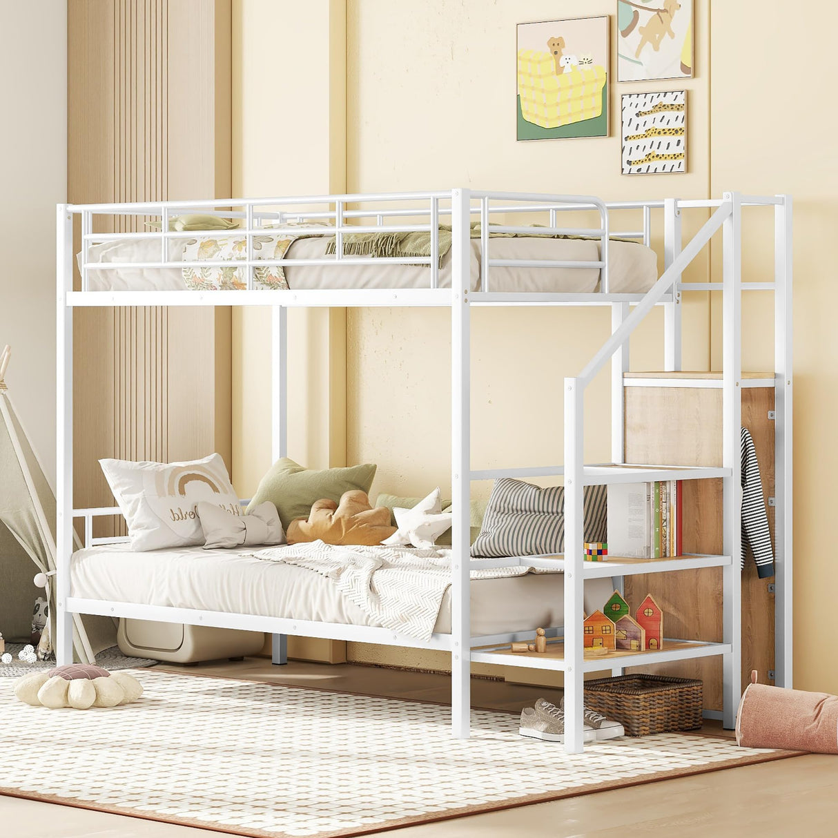 Harper & Bright Designs Metal Bunk Bed with Stairs and Wardrobe, Twin Over Twin Bunk Bed Frame with Storage Ladder, for Kids Teens Adults, White Harper & Bright Designs