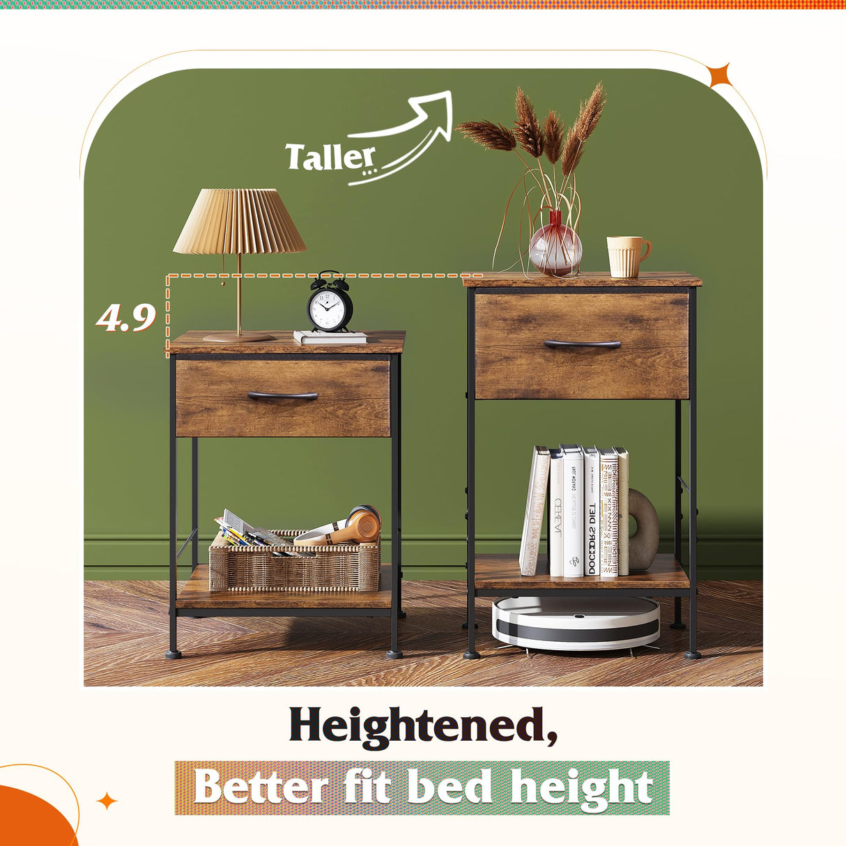 WLIVE Nightstand Set of 2, End Table with Fabric Storage Drawer and Open Wood Shelf, Bedside Furniture with Steel Frame, Side Table for Bedroom, Dorm, Rustic Brown Wood Grain Print, 24.9" Height WLIVE