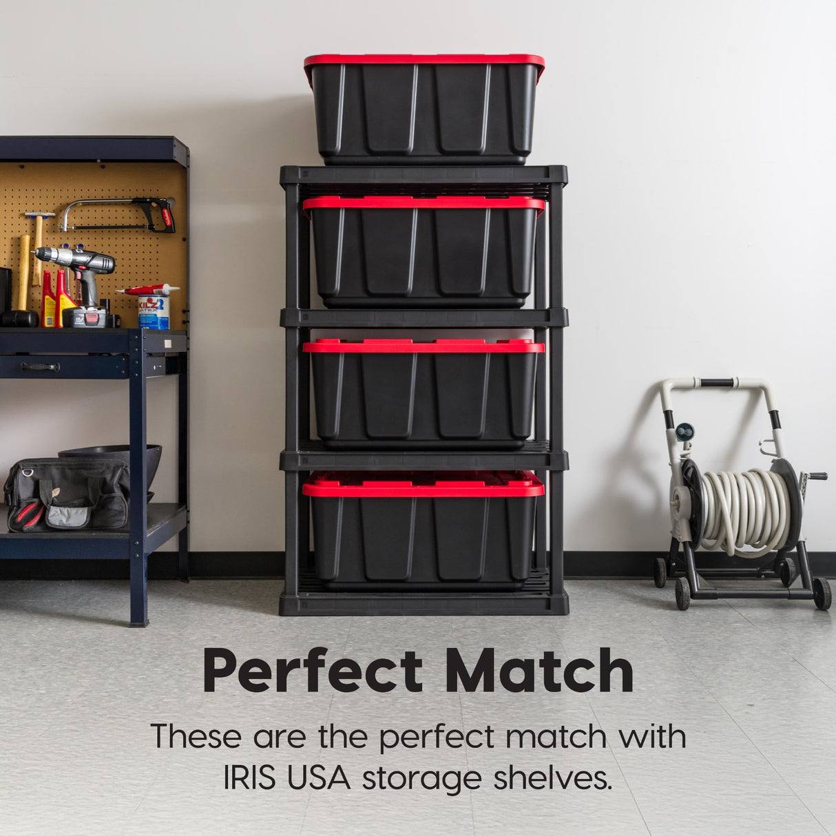 IRIS USA 27 Gallon Heavy Duty Truck Bed Toolbox Storage Tote Bins with Lids, 4 Pack - Made in USA, Tough Snap On Lockable Lid Stackable Industrial Tubs, Garage Organization Reusable Box - Red Iris Ohyama