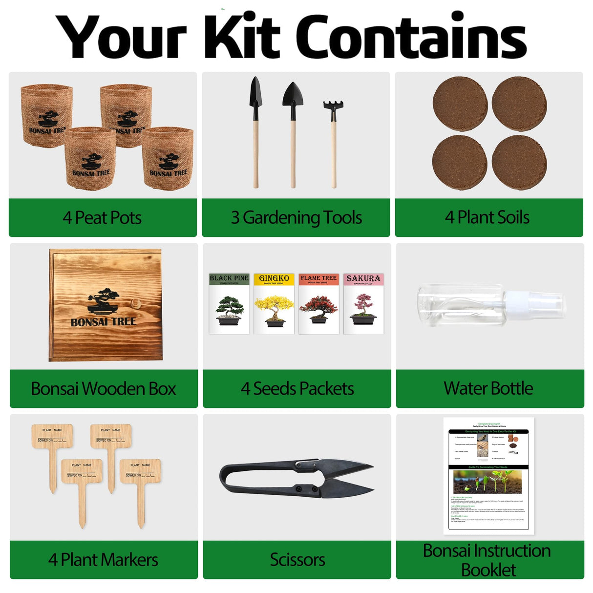 4 Bonsai Tree Seeds with Complete Growing Kit & Wooden Planter Box, Indoor Bonsai Tree Starter Kit, Great Potted Plants DIY Gift for Adults Meekear